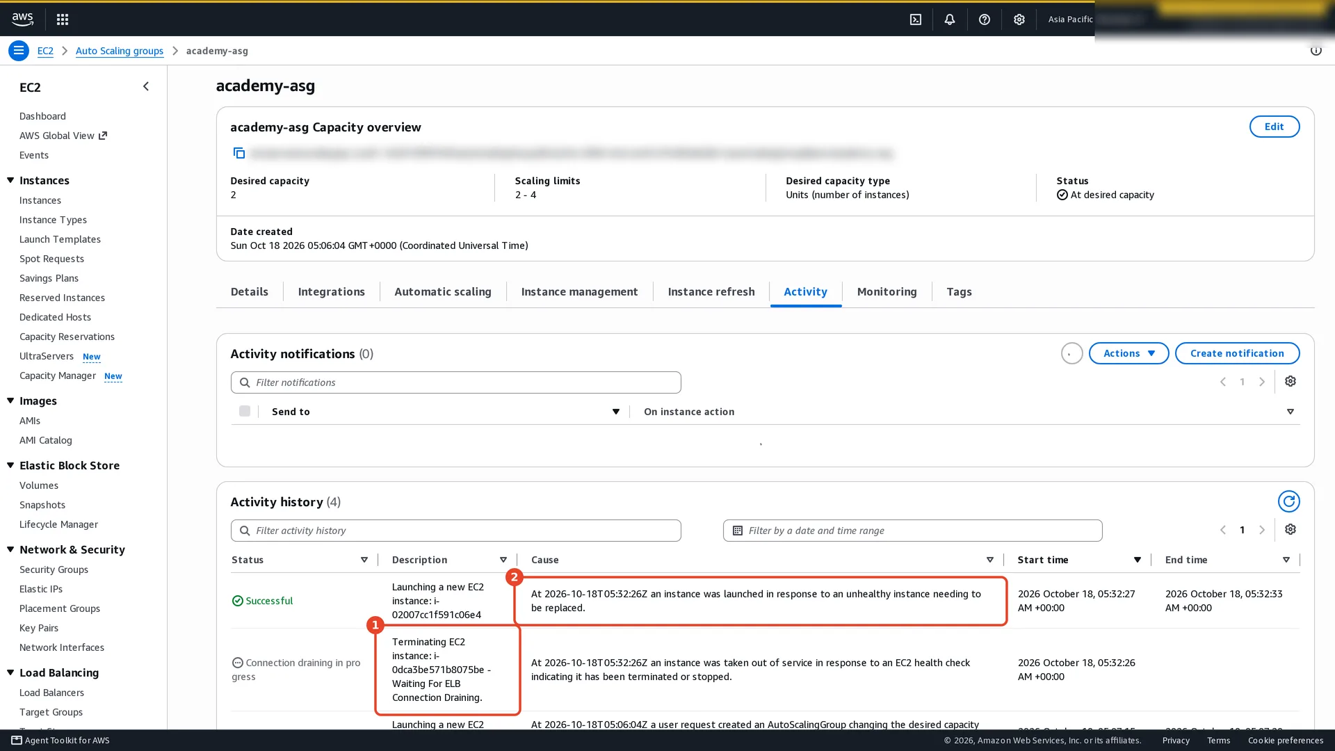 Auto Scaling group Activity history: (1) Terminating EC2 instance i-0dca3be571b8075be, waiting for ELB connection draining, because an EC2 health check indicated it was terminated; (2) Launching a new EC2 instance i-02007cc1f591c06e4, in response to an unhealthy instance needing to be replaced, at the same second.