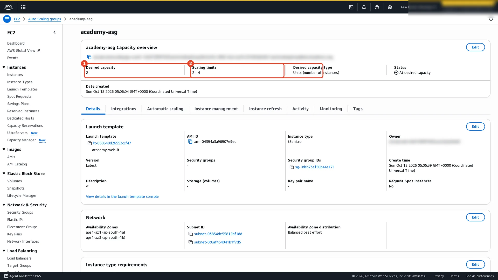 Auto Scaling group academy-asg capacity overview: desired capacity 2, scaling limits 2 to 4, status At desired capacity. Details tab: launch template academy-web-lt, version Latest, t3.micro. Network: Availability Zones ap-south-1a and ap-south-1b with two subnets, Availability Zone distribution balanced best effort.