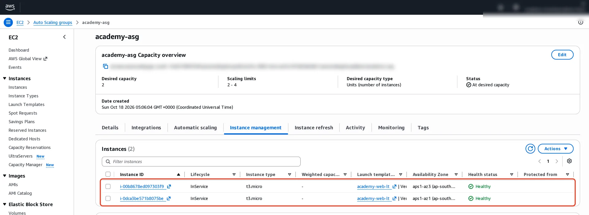 Instance management tab: two instances, both InService, t3.micro, launched from academy-web-lt, one in aps1-az3 (ap-south-1b) and one in aps1-az1 (ap-south-1a), both Healthy.