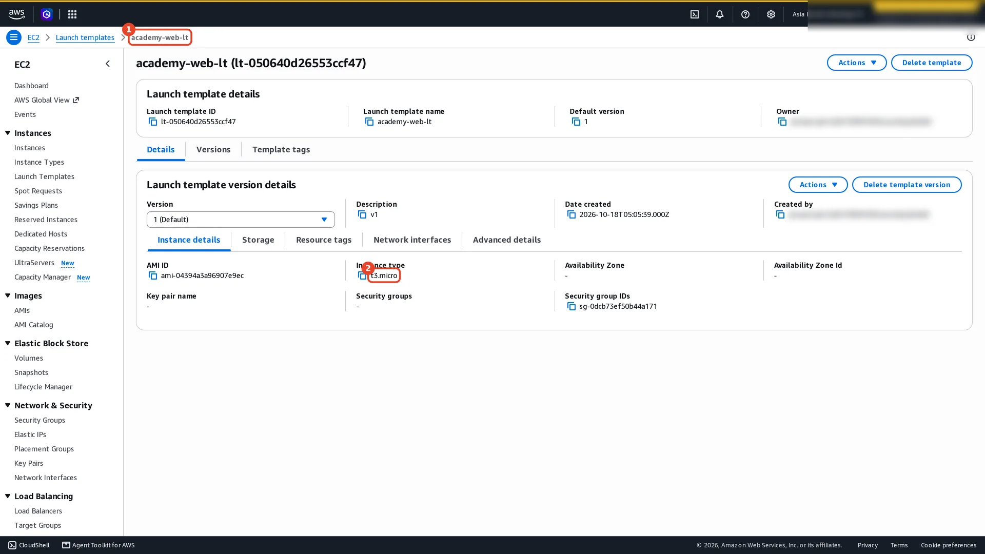 Launch template academy-web-lt, version 1 (default), instance details: AMI ami-04394a3a96907e9ec, instance type t3.micro, security group sg-0dcb73ef50b44a171, no key pair.