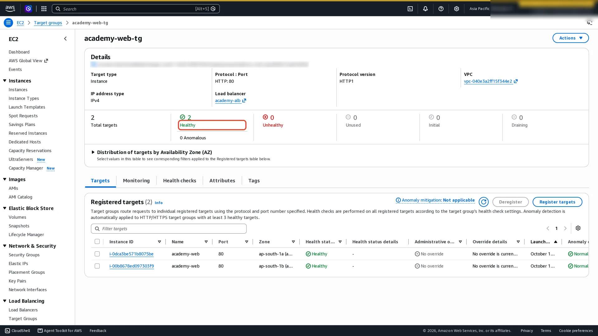 Target group academy-web-tg: HTTP port 80, load balancer academy-alb, 2 total targets, 2 Healthy, 0 Unhealthy. Registered targets: two academy-web instances on port 80 in ap-south-1a and ap-south-1b, both Healthy.