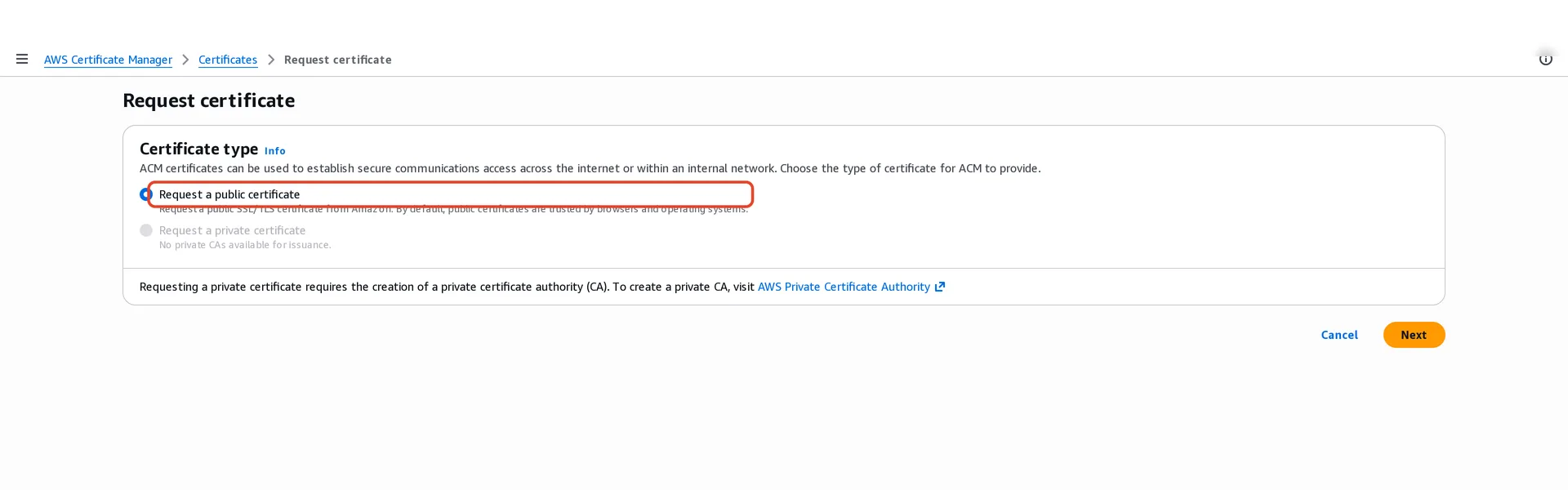 AWS Certificate Manager in the United States (N. Virginia) Region, Request certificate page: certificate type options, with Request a public certificate highlighted.