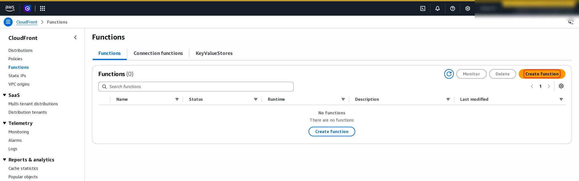 CloudFront Functions page with the Create function button highlighted.