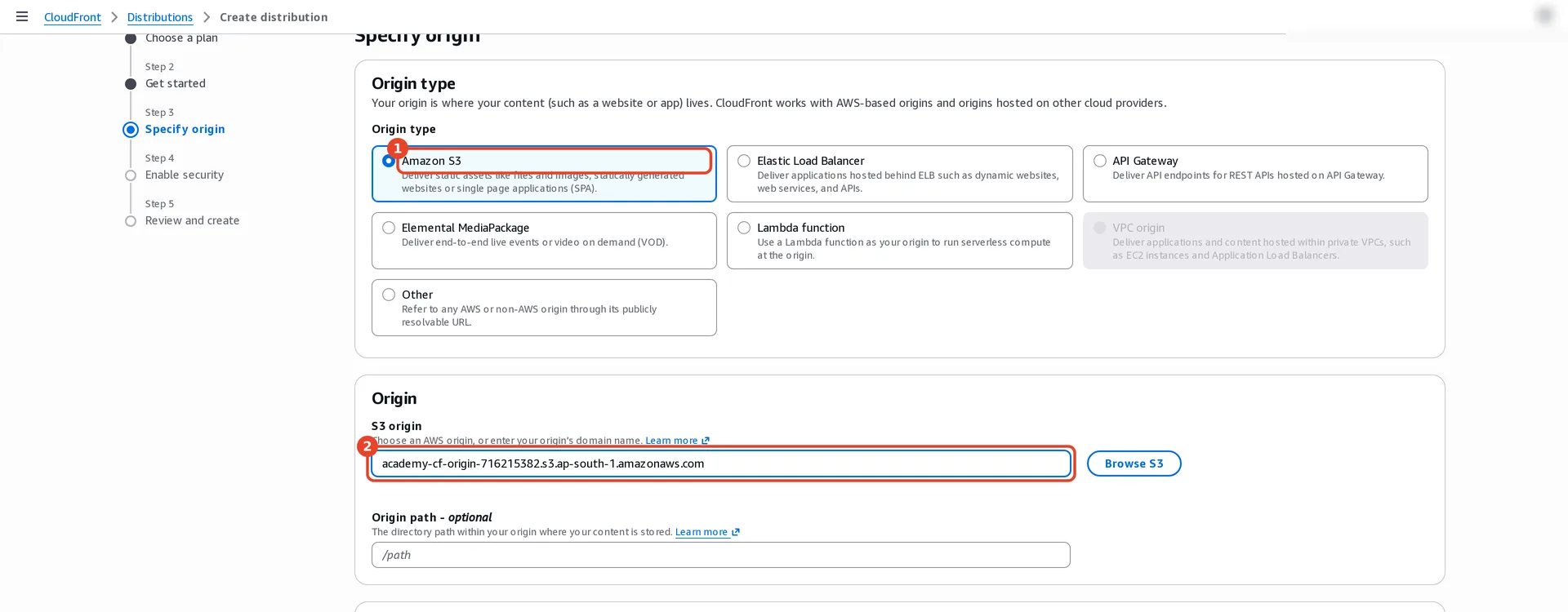 Step 3 Specify origin: origin types Amazon S3 (selected), Elastic Load Balancer, API Gateway, Elemental MediaPackage, Lambda function, VPC origin and Other. (1) Amazon S3. (2) S3 origin: the bucket's Regional domain name in ap-south-1.