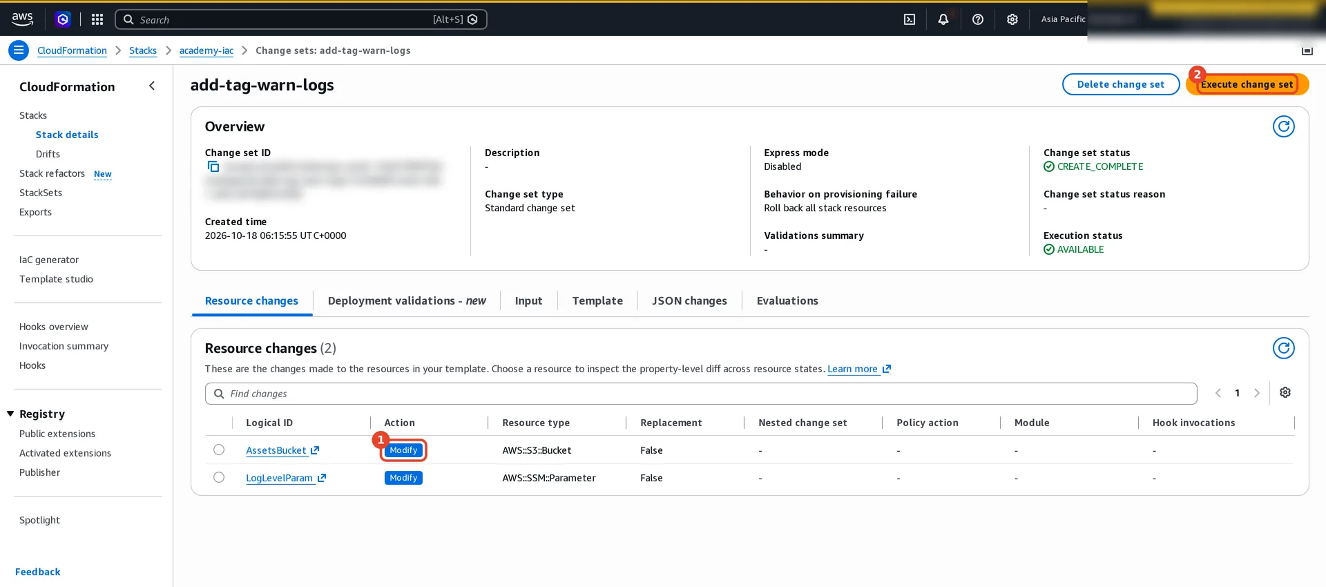 Change set add-tag-warn-logs for academy-iac: both AssetsBucket and LogLevelParam with action (1) Modify and replacement False. (2) The Execute change set button.