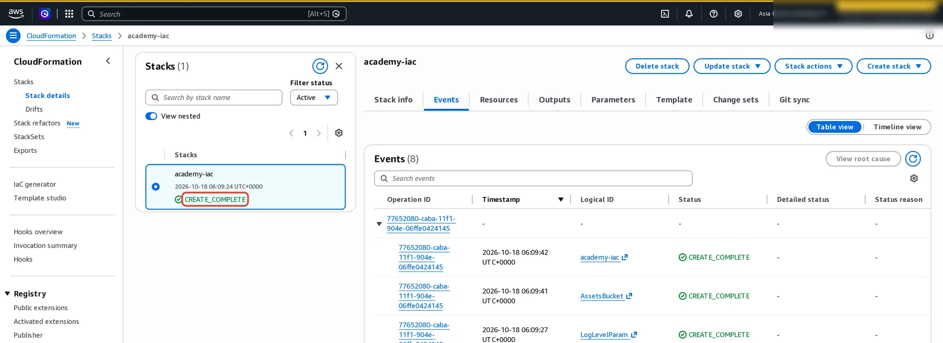CloudFormation stack academy-iac, Events tab: the stack and each resource going from CREATE_IN_PROGRESS to CREATE_COMPLETE, with the final CREATE_COMPLETE for the stack highlighted.