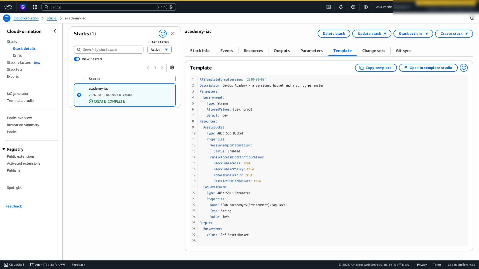 Template tab of academy-iac showing the YAML template that created the stack.