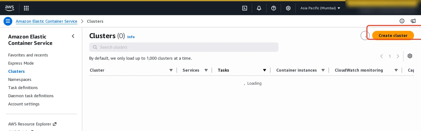 Amazon ECS Clusters page with the Create cluster control highlighted