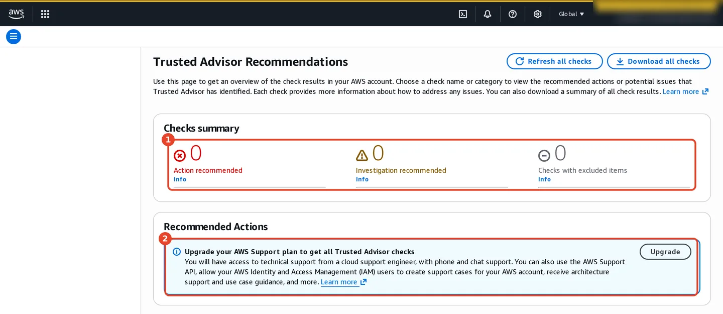 Trusted Advisor Recommendations. (1) Checks summary: 0 action recommended, 0 investigation recommended, 0 checks with excluded items. (2) Recommended Actions: Upgrade your AWS Support plan to get all Trusted Advisor checks, with an Upgrade button.