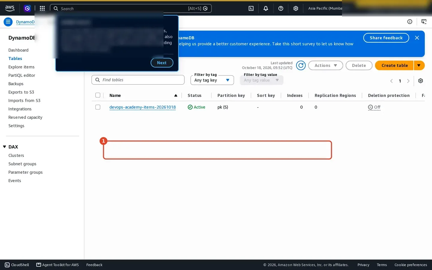 Amazon DynamoDB console showing an active on-demand table with a string partition key