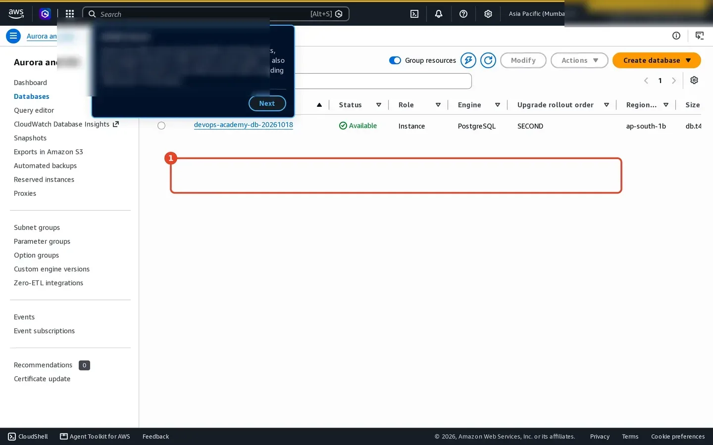 Amazon RDS console showing a small private PostgreSQL database instance