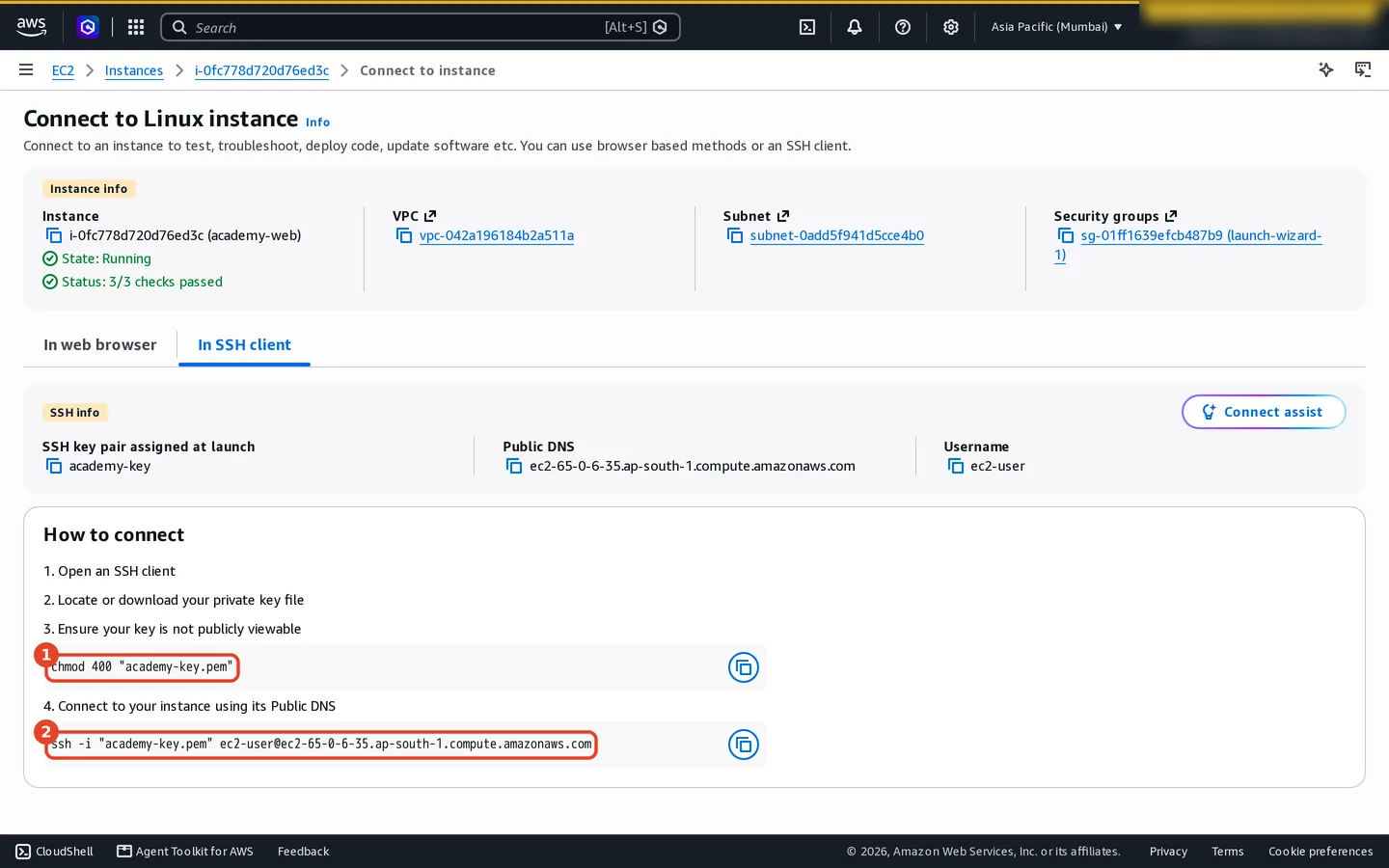 In SSH client tab: key pair academy-key, public DNS, username ec2-user, then How to connect steps: (1) chmod 400 academy-key.pem and (2) ssh -i academy-key.pem ec2-user at the public DNS name.