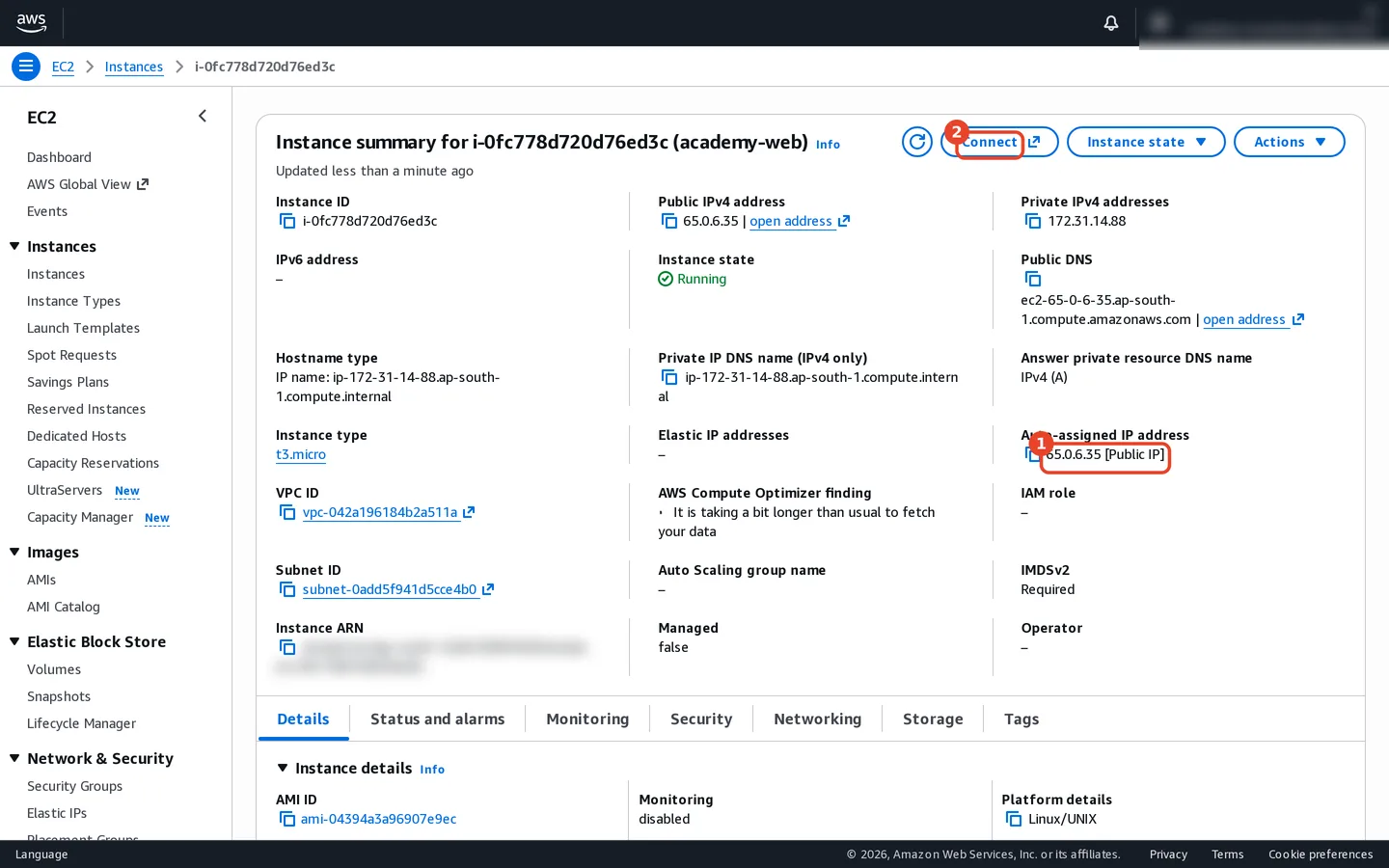 Instance summary for academy-web: instance ID, public IPv4 address 65.0.6.35, private IPv4 172.31.14.88, state Running, public DNS, instance type t3.micro, VPC and subnet IDs, IAM role none, IMDSv2 Required. The Connect button is highlighted.