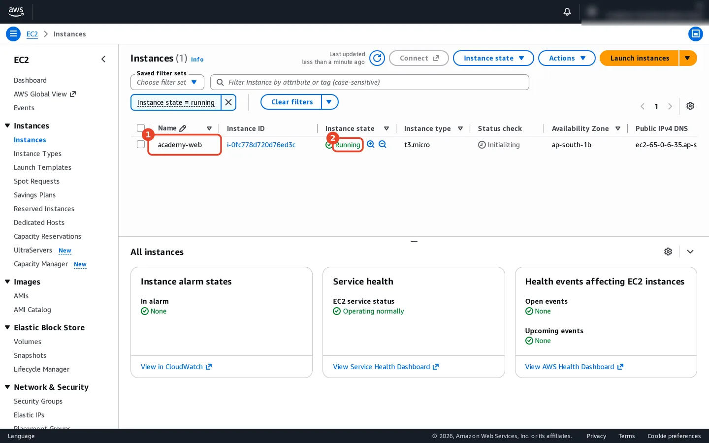 Instances list with academy-web, state Running, type t3.micro, status checks, Availability Zone and public IP.