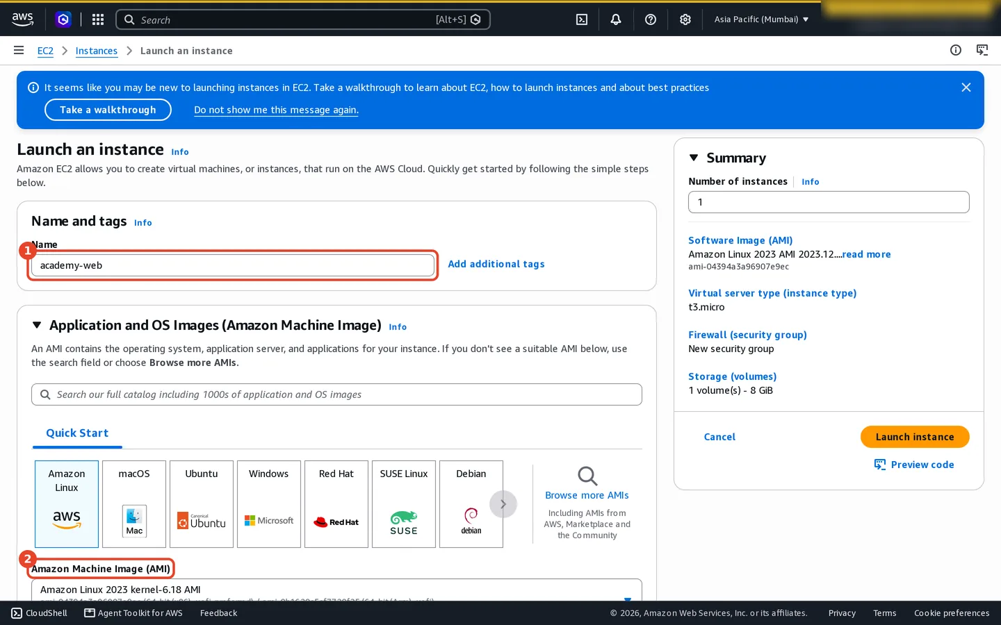 Launch an instance page. (1) Name: academy-web. (2) Amazon Machine Image: Quick Start tiles for Amazon Linux (selected), macOS, Ubuntu, Windows, Red Hat, SUSE and Debian, with Amazon Linux 2023 kernel-6.18 AMI chosen. The summary on the right shows the AMI, t3.micro, a new security group and one 8 GiB volume.