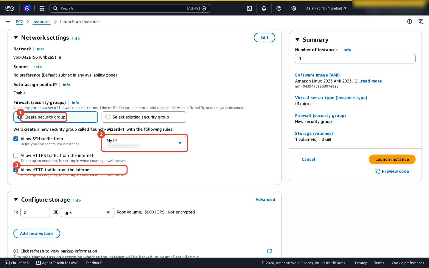 Network settings: default VPC and subnet, auto-assign public IP enabled. (1) Create security group selected. (2) Allow SSH traffic from: My IP, with the IP blurred. (3) Allow HTTP traffic from the internet ticked; HTTPS unticked.