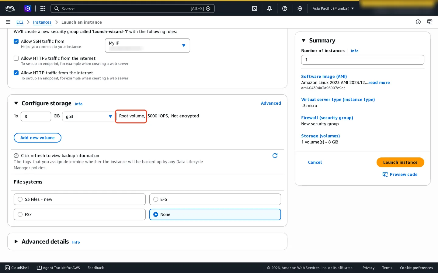 Configure storage: 1 volume of 8 GiB gp3, root volume, 3000 IOPS, not encrypted, with an Add new volume button.
