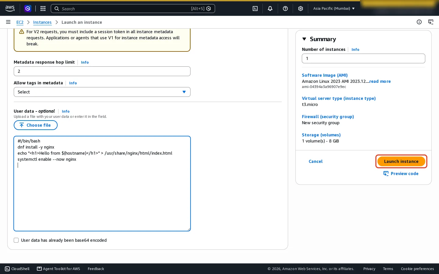The Summary panel at the right: Amazon Linux 2023 AMI, t3.micro, new security group, one 8 GiB volume, and the Launch instance button highlighted.