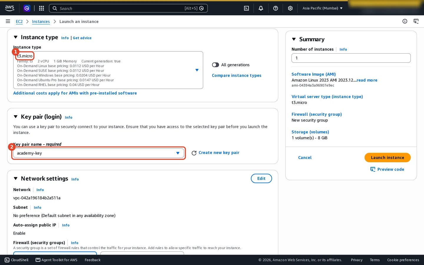 Instance type section: t3.micro, family t3, 2 vCPU, 1 GiB memory, with On-Demand prices per hour for Linux, SUSE, Windows, Ubuntu Pro and RHEL. Below, the Key pair section with academy-key selected and a Create new key pair link.