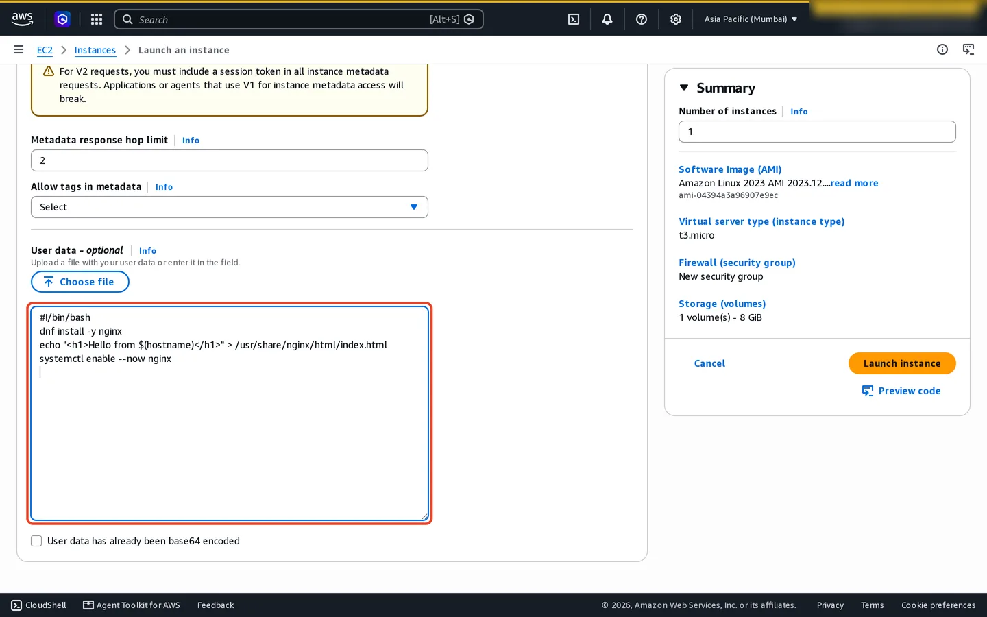 Advanced details, User data field containing a bash script: install nginx with dnf, write a Hello from hostname page to /usr/share/nginx/html/index.html, and enable and start nginx. Above it, metadata settings show IMDSv2 token required.
