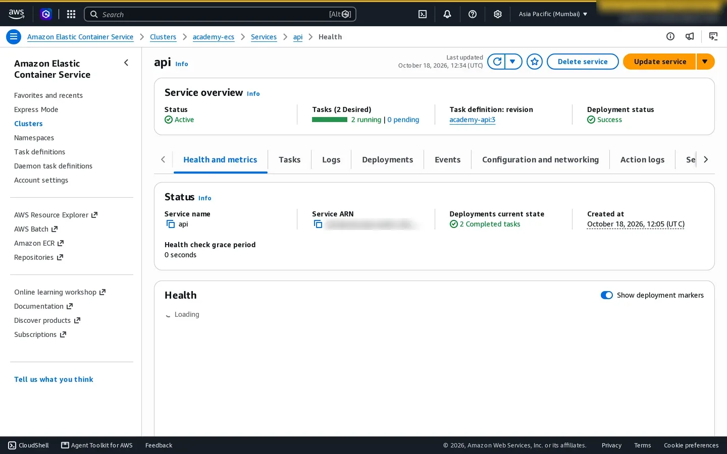 ECS api service health page showing two running tasks and a completed deployment