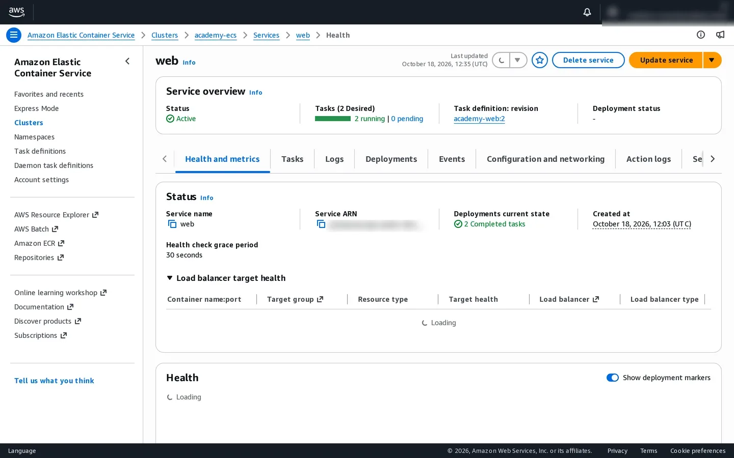 ECS web service health page with its deployment and task state