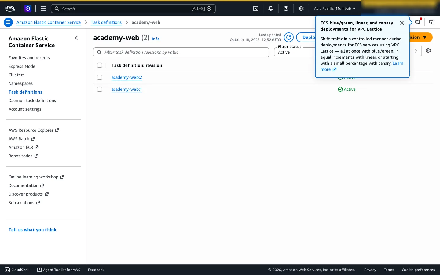 ECS academy-web task definition showing execution role, awsvpc networking, CPU and memory