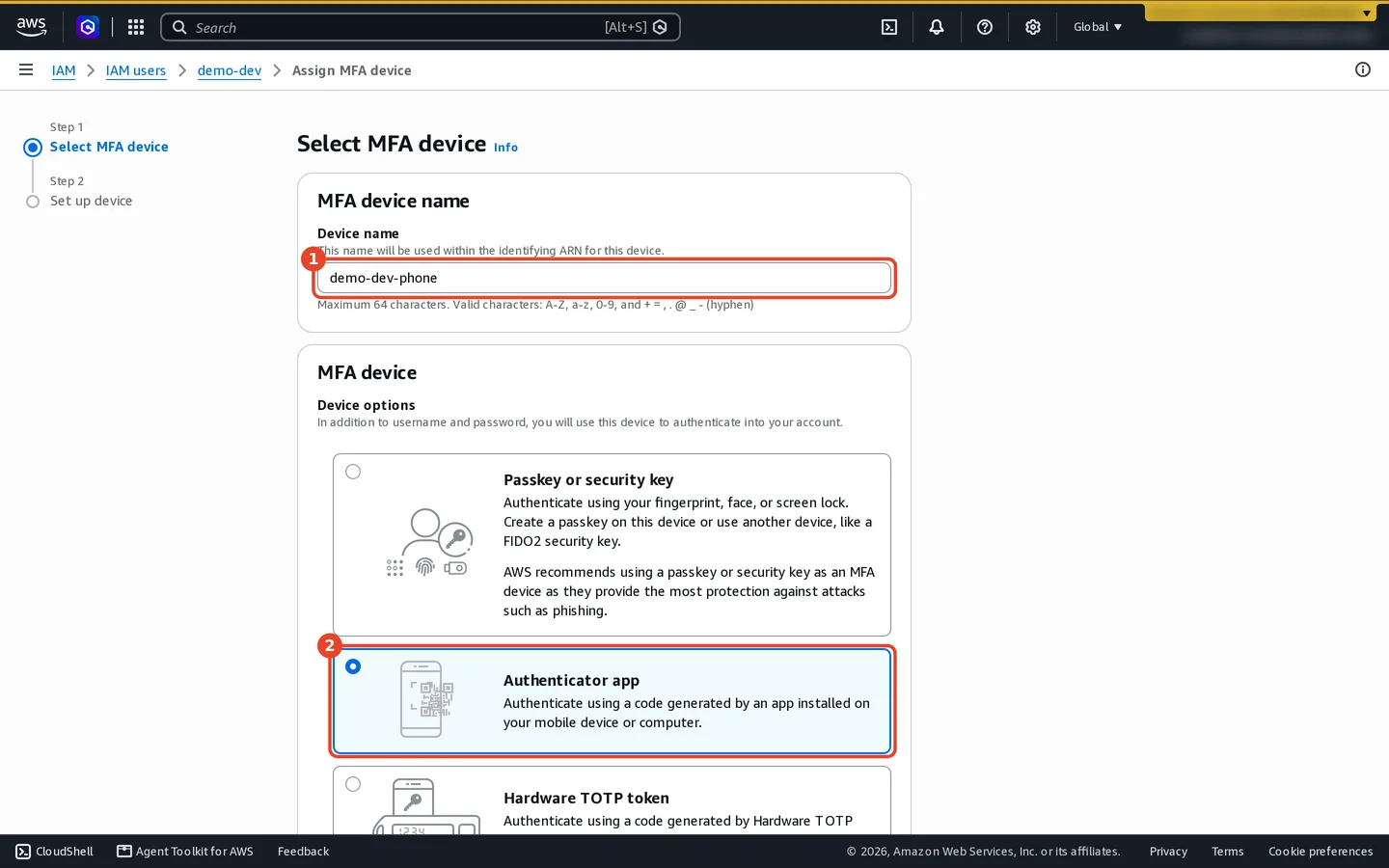 Assign MFA device, step 1 Select MFA device. Device name demo-dev-phone. Device options: Passkey or security key, Authenticator app (selected), and Hardware TOTP token.