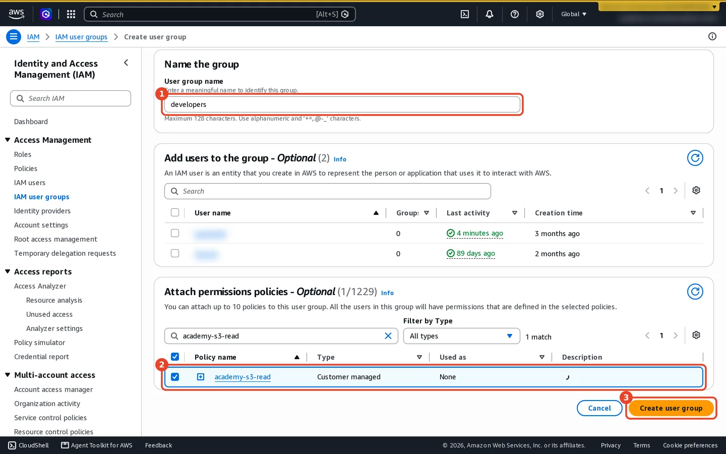 Create user group page. User group name: developers. Add users to the group is optional and left empty; the existing users are blurred. Attach permissions policies is filtered to academy-s3-read, Customer managed, and ticked. Create user group button at the bottom right.