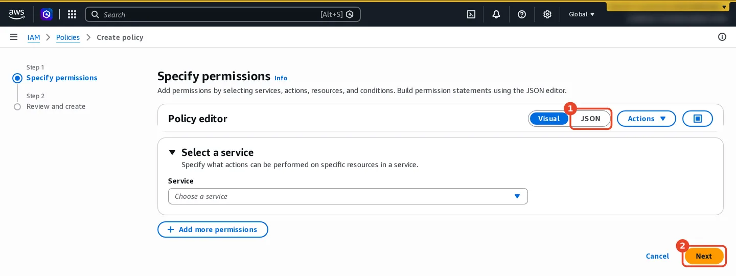 AWS console, IAM, Create policy, step 1 Specify permissions. The Policy editor has Visual and JSON tabs and an empty Select a service section, with Next at the bottom right.