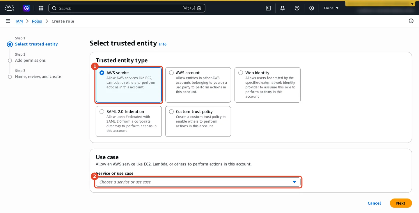 Create role, step 1 Select trusted entity. Trusted entity type options: AWS service (selected), AWS account, Web identity, SAML 2.0 federation, Custom trust policy. Use case: Service or use case dropdown, Choose a service or use case.