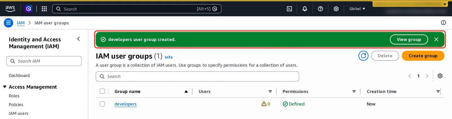Green banner: developers user group created. The groups list shows developers with 0 users, permissions Defined, created Now.