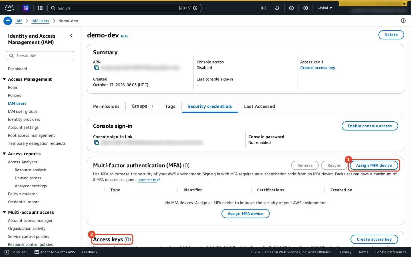 demo-dev user page, Security credentials tab. Summary: console access Disabled, no access keys. Console sign-in is not enabled. Multi-factor authentication (MFA) shows 0 devices with an Assign MFA device button. Access keys (0) with a Create access key button.