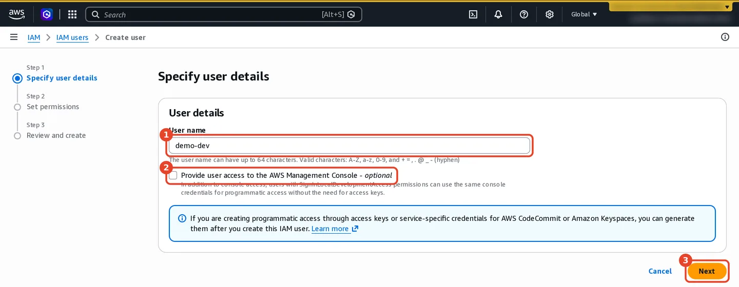 Create user, step 1 Specify user details. User name demo-dev. The checkbox Provide user access to the AWS Management Console is left unticked. A note says access keys can be generated after the user is created.