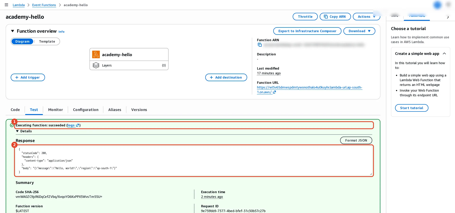 Test tab of academy-hello: (1) Executing function: succeeded, with a logs link. (2) The response: statusCode 200, content-type application/json, and a body with message Hello, world! and region ap-south-1. Below, the summary with request ID and execution time.