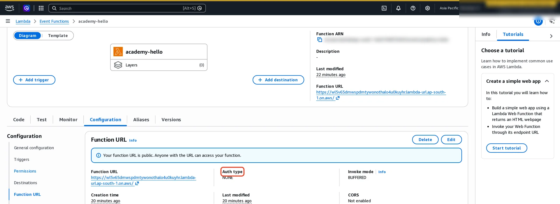 Configuration tab, Function URL: a notice that the function URL is public and anyone with it can access the function. Function URL https lambda-url endpoint, (1) Auth type NONE, invoke mode BUFFERED, CORS not enabled.