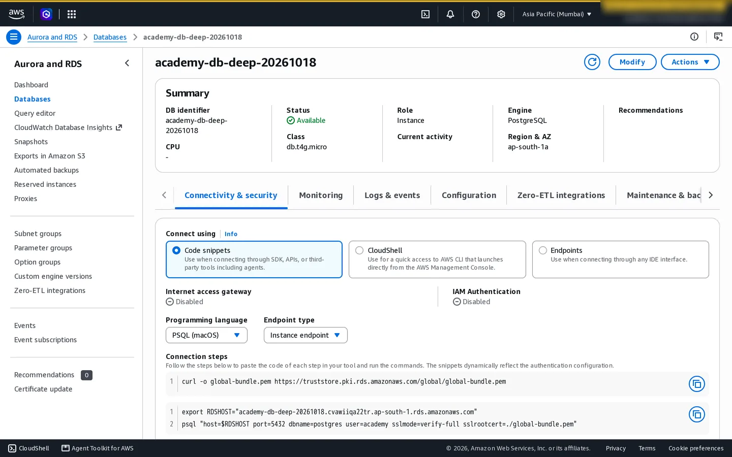Available private PostgreSQL RDS instance showing db.t4g.micro and its Availability Zone