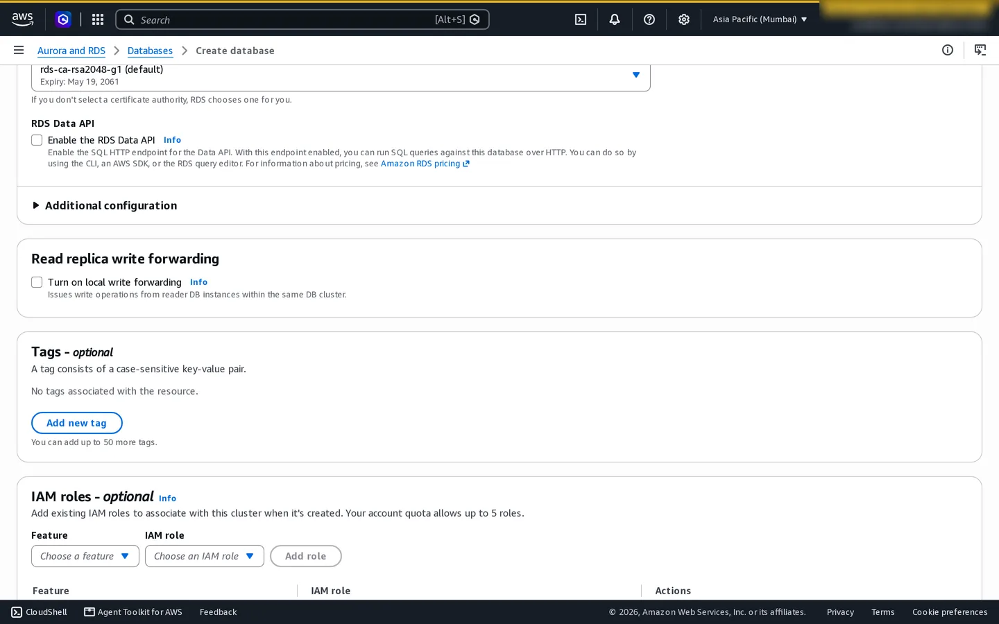 RDS create wizard options area showing availability and backup configuration choices