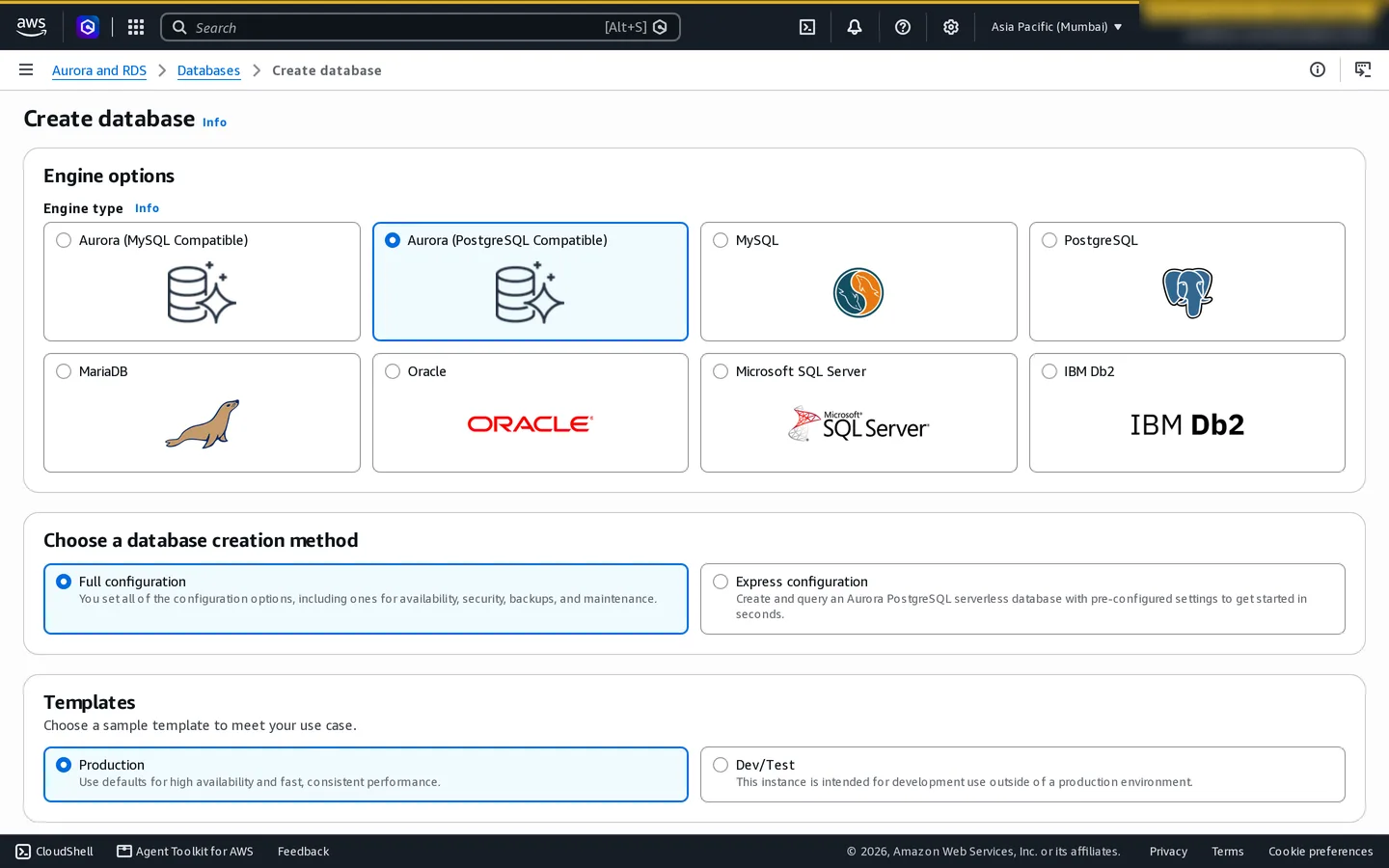 RDS Create database wizard showing engine choices and full configuration