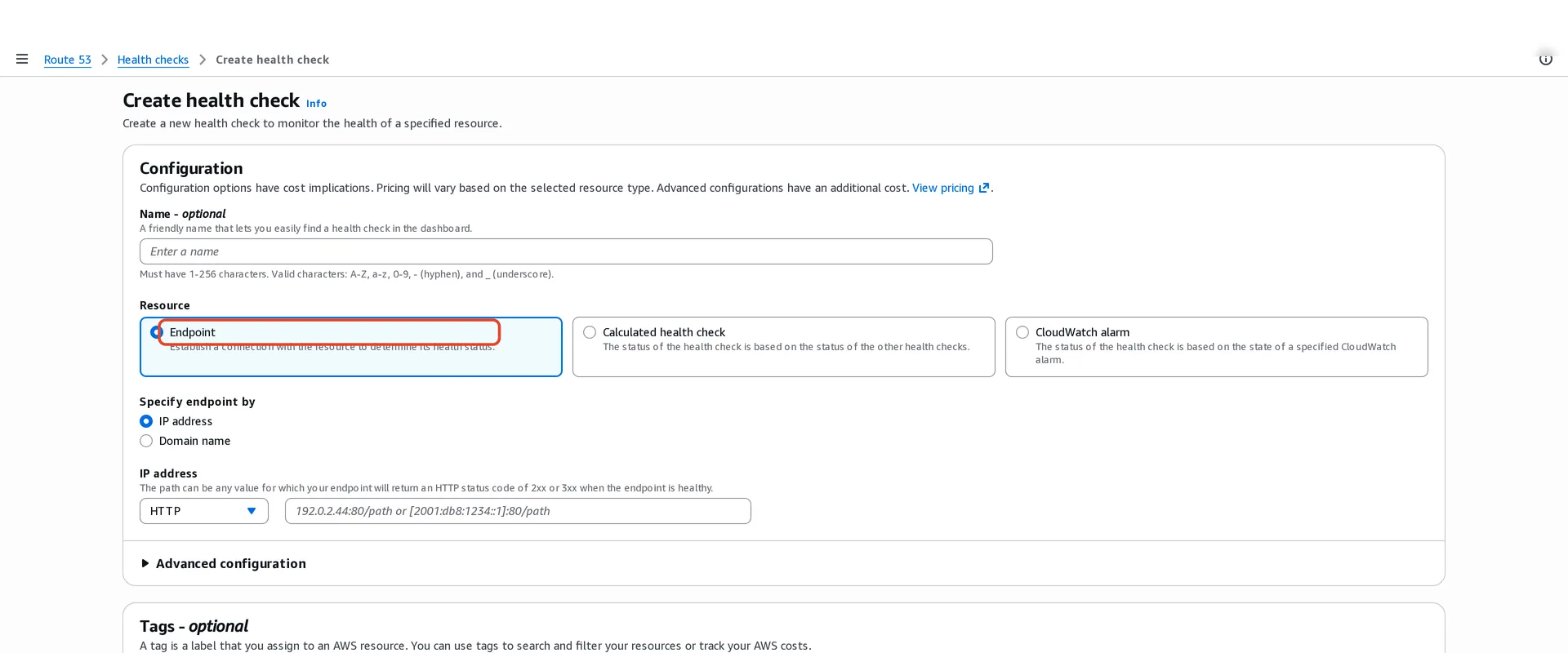 Create health check: resource Endpoint highlighted, with Calculated health check and CloudWatch alarm as alternatives, endpoint by IP address or domain name, protocol HTTP, and an IP, port and path field.