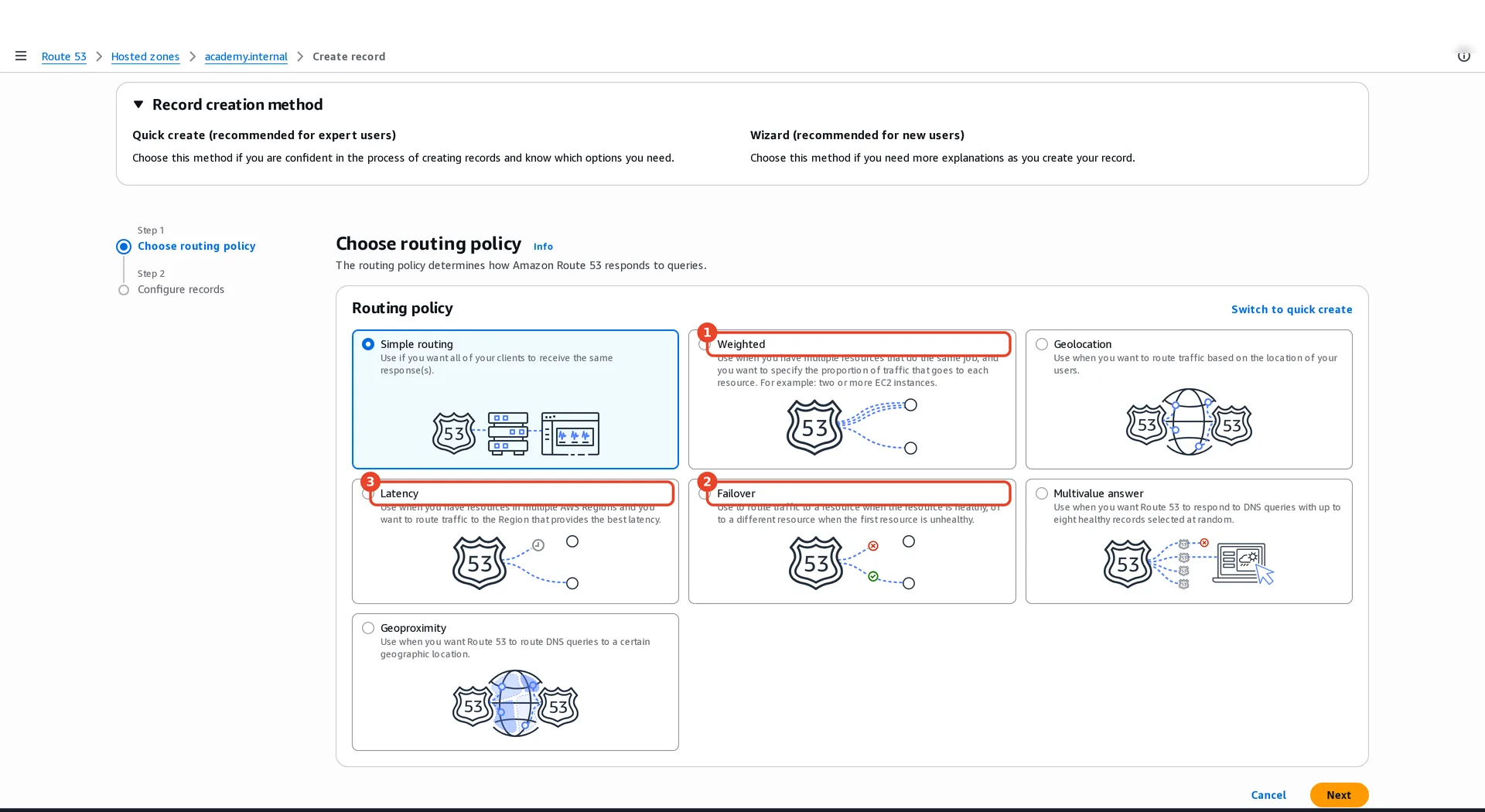 Create record wizard, Choose routing policy: Simple routing (selected), Weighted, Geolocation, Latency, Failover, Multivalue answer and Geoproximity, each with a short description and diagram. Weighted, Latency and Failover are highlighted.
