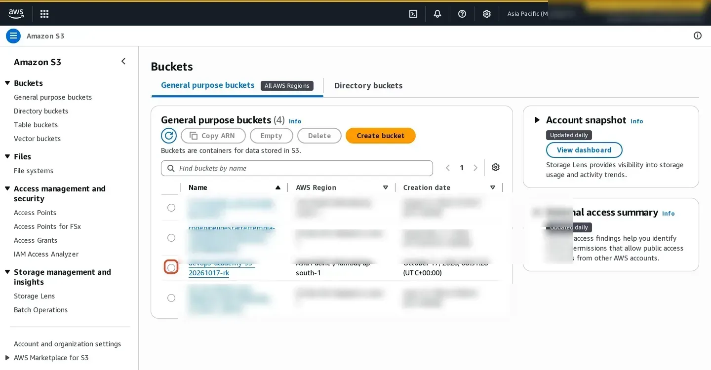 Amazon S3 bucket list with the devops academy practice bucket selected in the Mumbai Region