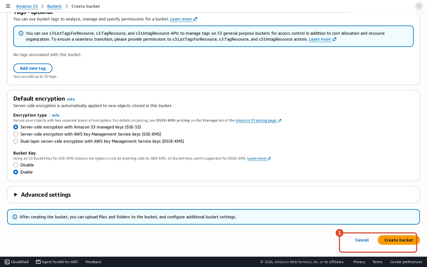 Amazon S3 Create bucket form with the final Create bucket button