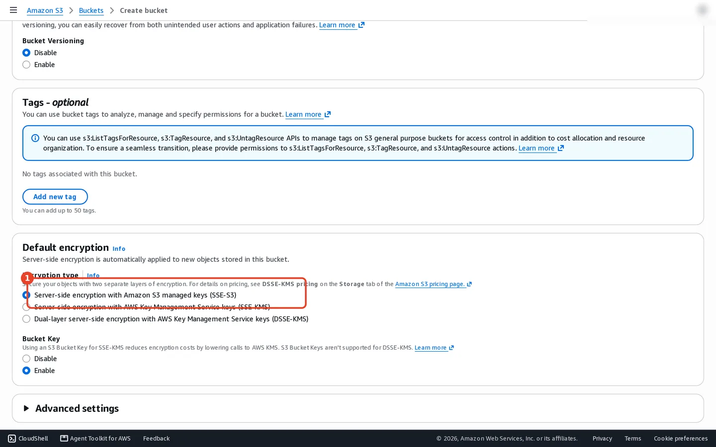 Amazon S3 Create bucket form with SSE-S3 selected for default encryption