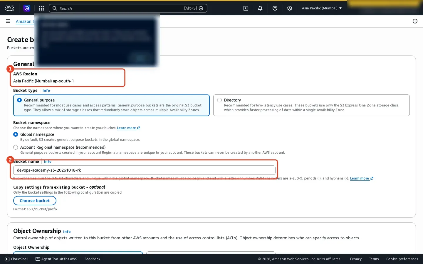Amazon S3 Create bucket form showing the Mumbai Region and a bucket name