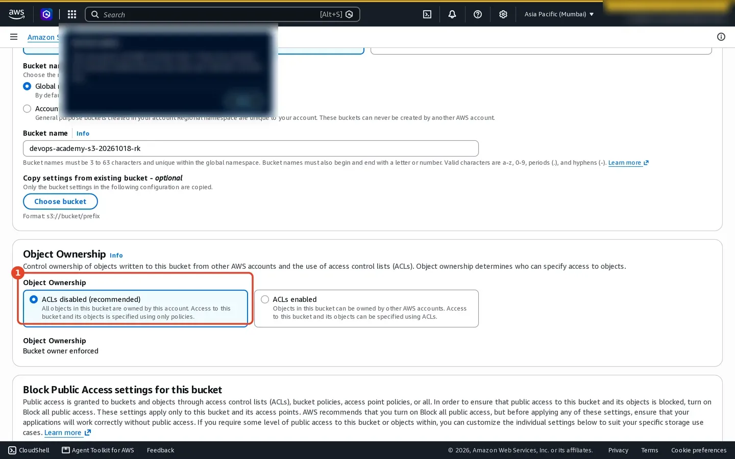 Amazon S3 Create bucket form with ACLs disabled