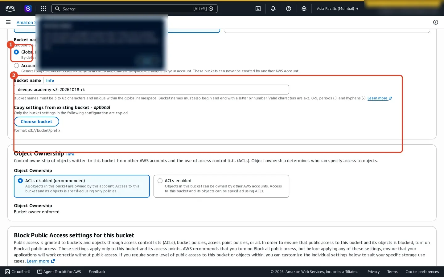 Amazon S3 Create bucket form with all Block Public Access settings enabled
