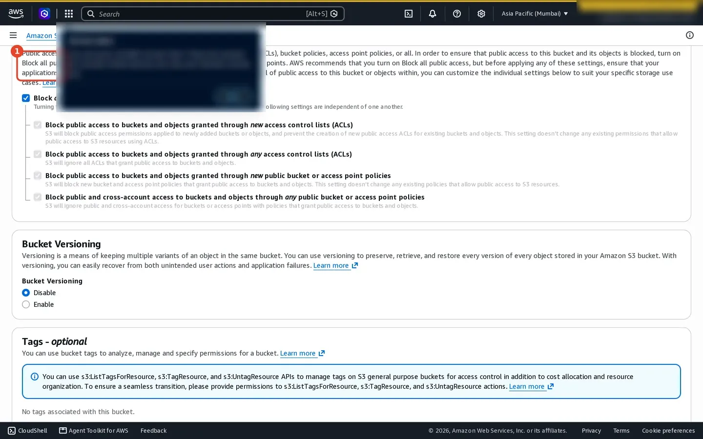Amazon S3 Create bucket form showing the Bucket Versioning controls