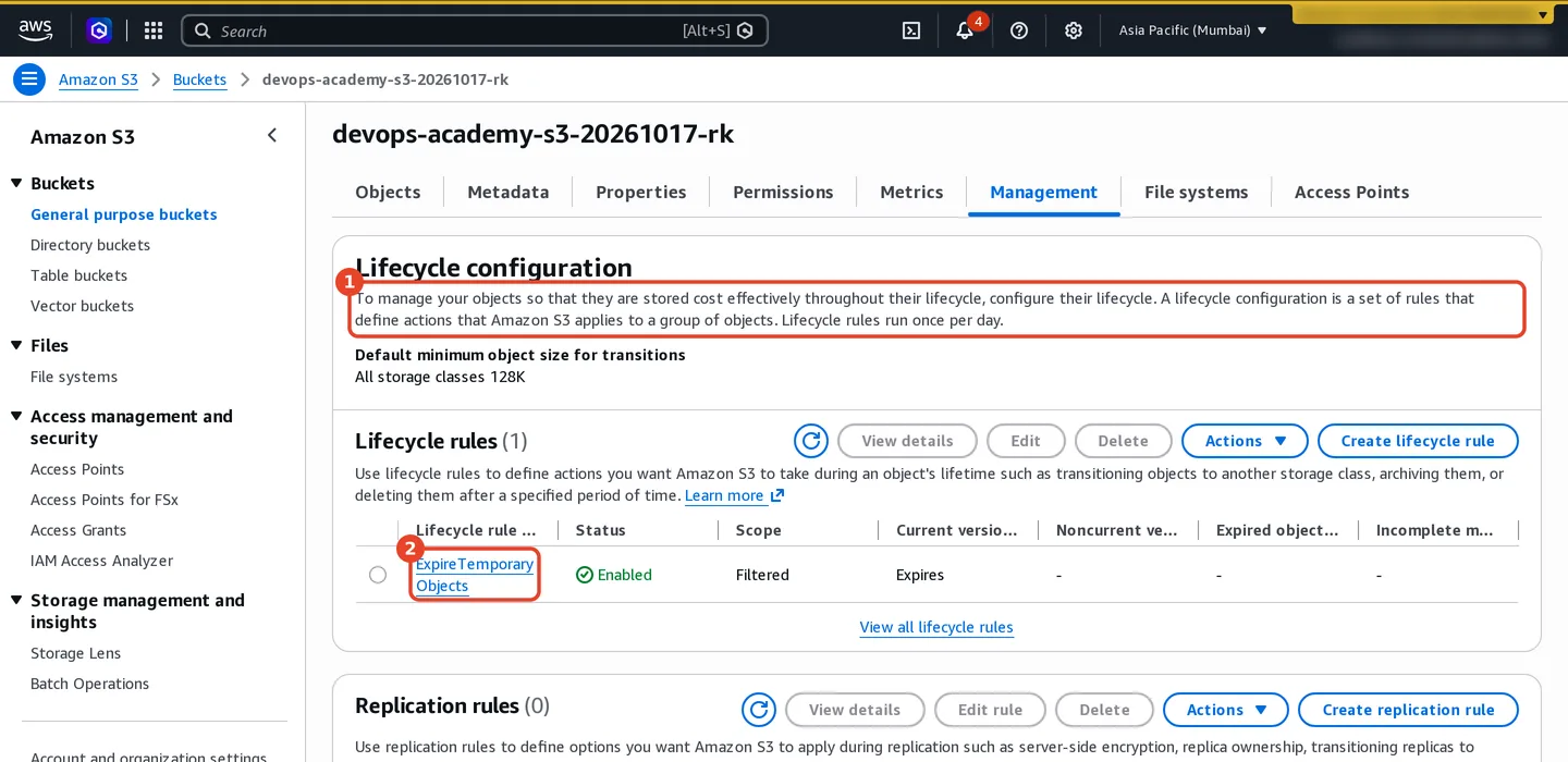 Amazon S3 Management tab showing an enabled lifecycle rule for temporary objects