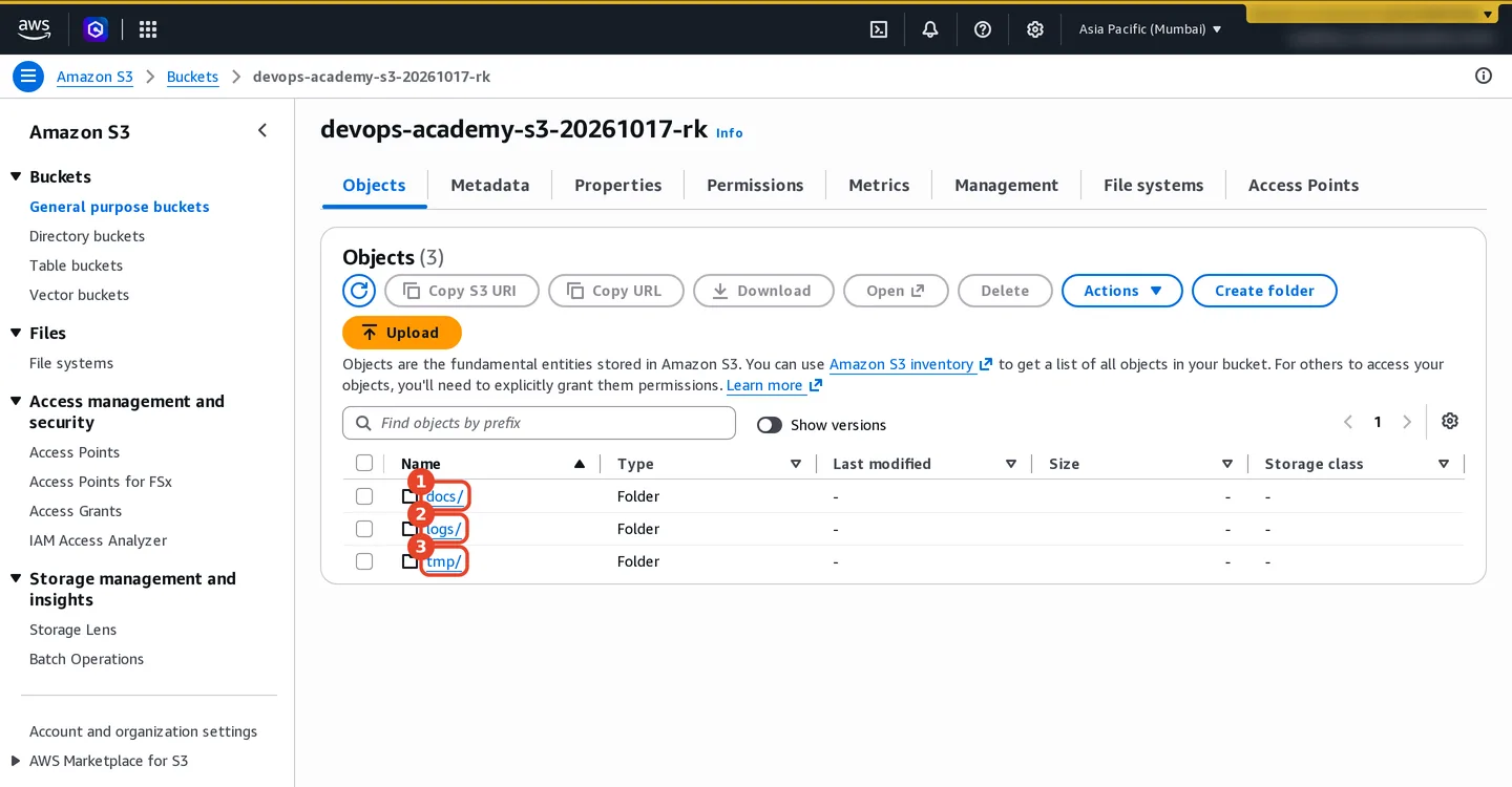 Amazon S3 Objects tab showing docs, logs and tmp prefixes in the practice bucket